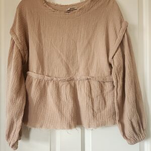 Textured Peplum Long-Sleeve Blouse in Taupe